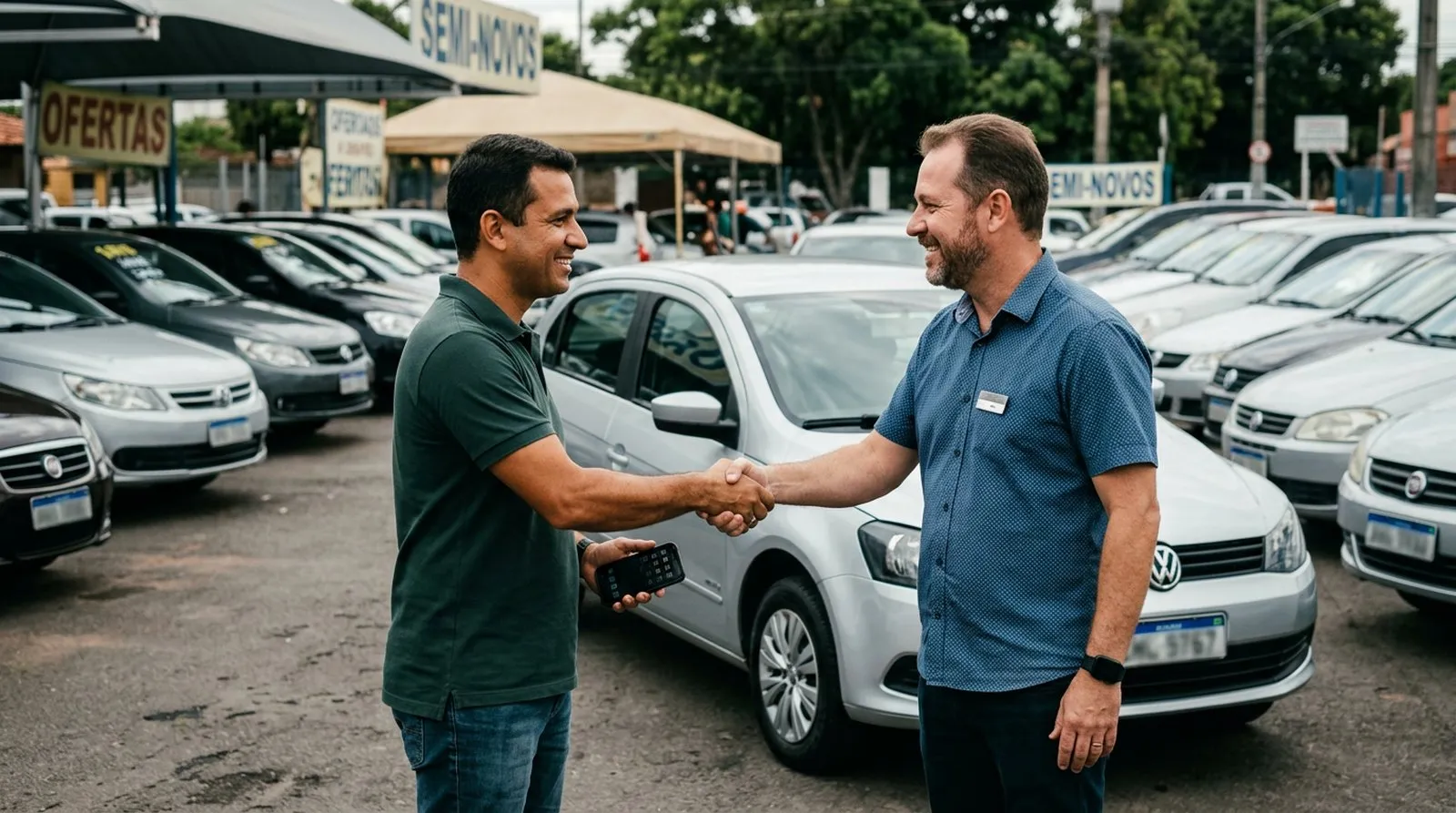 Comprador e vendedor apertando as mãos diante de um carro usado