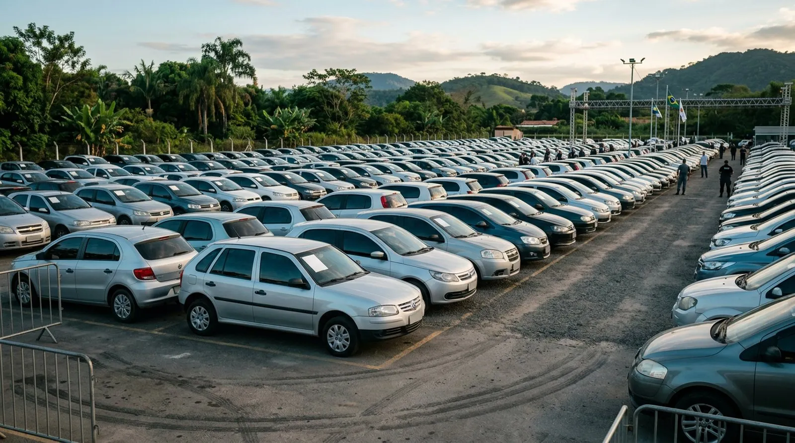 Pátio de leilão com fileiras de carros usados estacionados