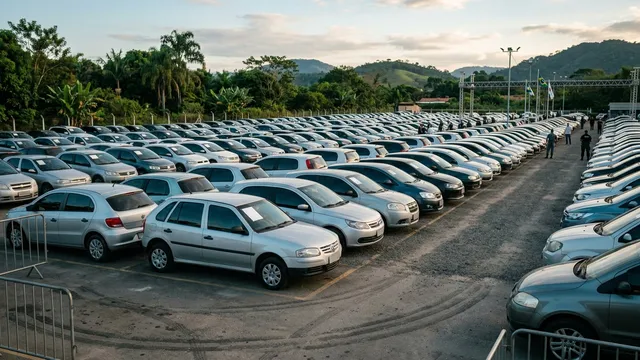 Pátio de leilão com fileiras de carros usados estacionados