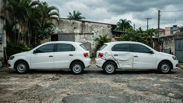 Dois carros brancos iguais, um intacto e outro com a lateral amassada