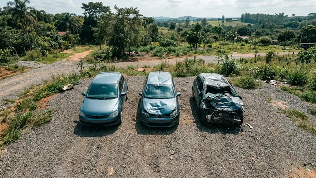 Três carros com danos de gravidade diferente lado a lado em um pátio