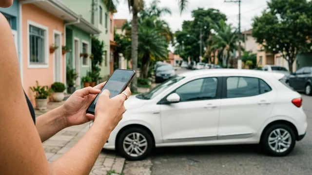 Pessoa com o celular na mão diante da traseira de um carro estacionado