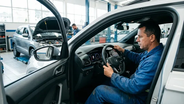 Mecânico de concessionária examinando o painel de um carro