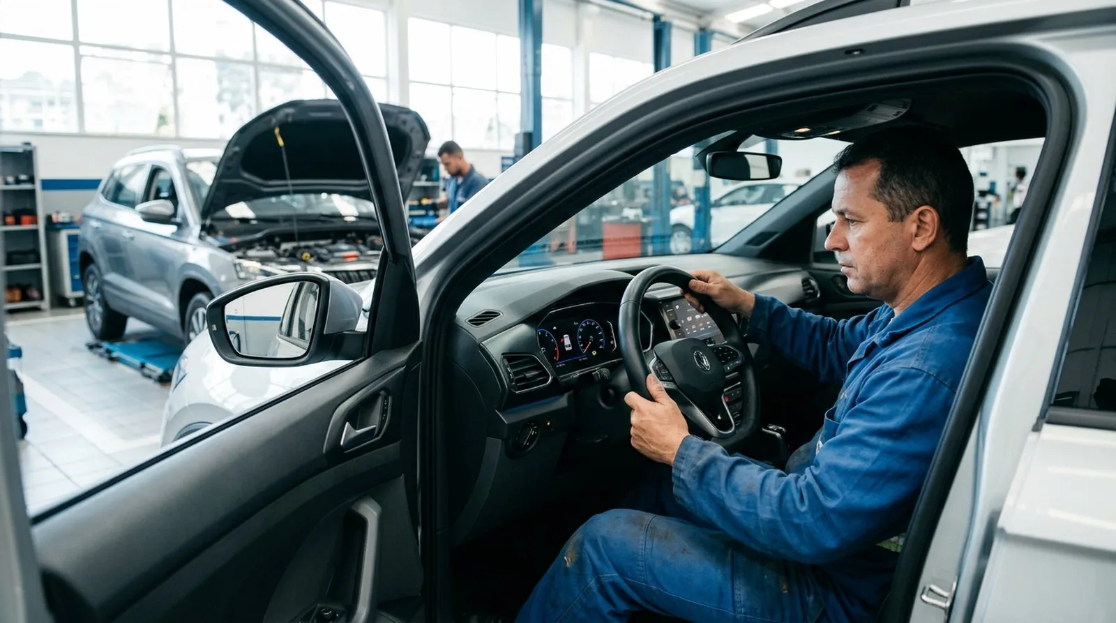 Mecânico de concessionária examinando o painel de um carro