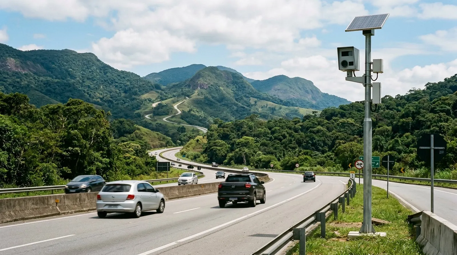 Radar de velocidade à beira de uma rodovia com carros passando
