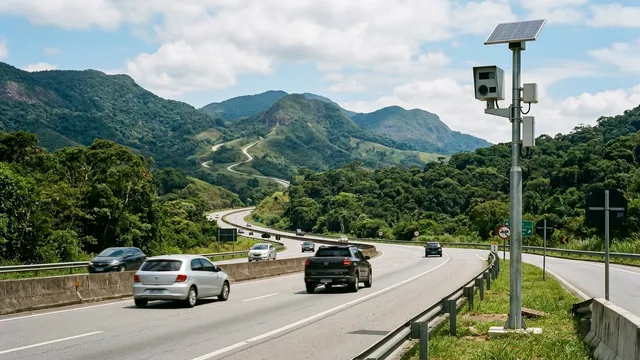 Radar de velocidade à beira de uma rodovia com carros passando