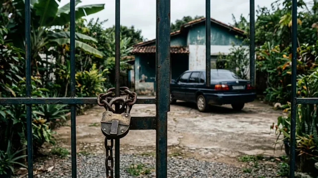 Cadeado e corrente em um portão com um carro estacionado ao fundo