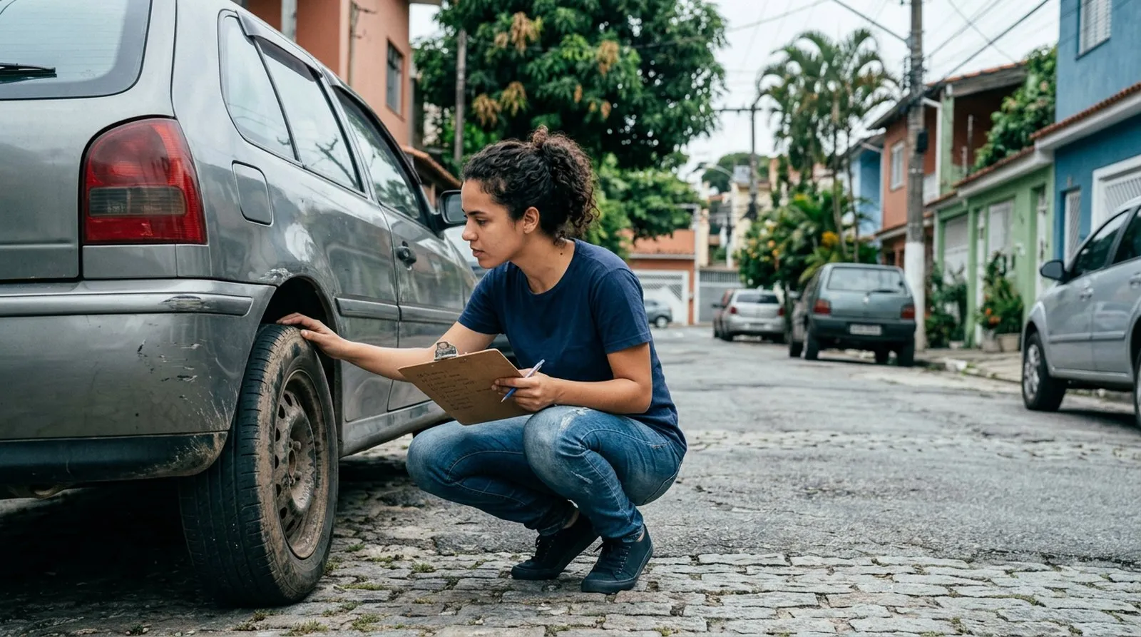 Mulher examinando o pneu de um carro usado com uma prancheta na mão