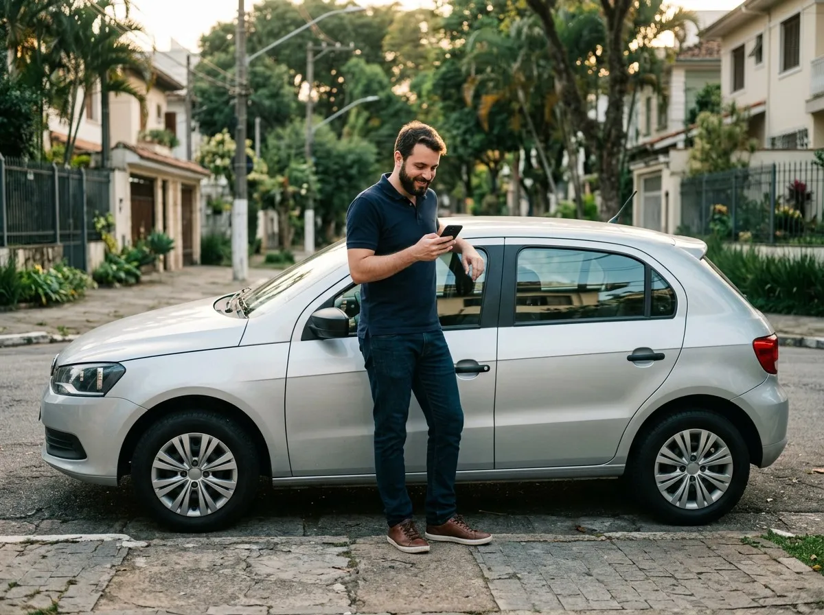 Homem conferindo no celular os dados de um carro usado antes de comprar